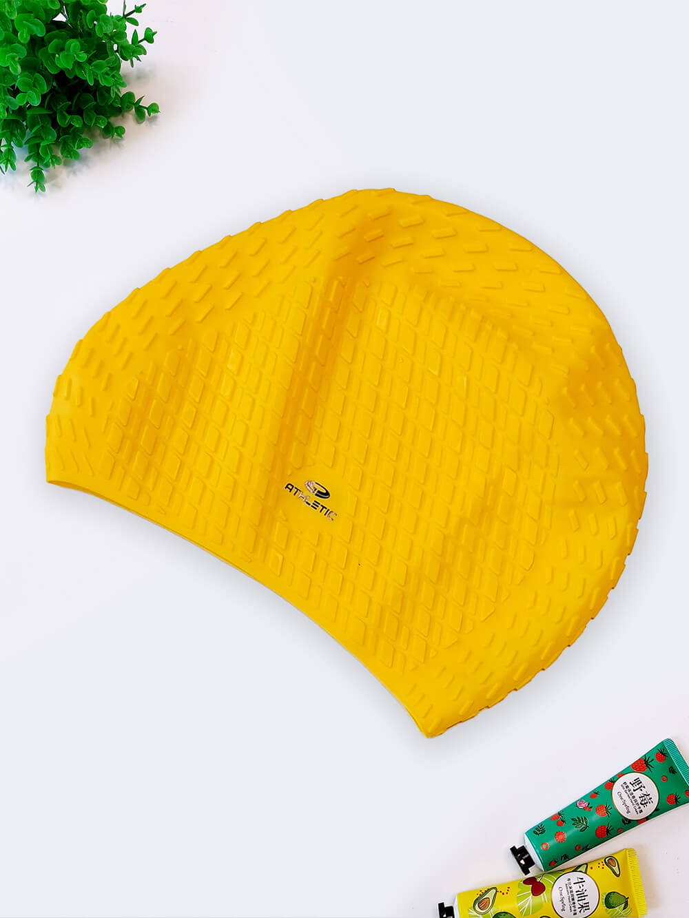 cap4287806-1 کلاه استخر زنانه سیلیکونی زرد رنگ ضد آب و ضد کلر برای موهای بلند اتلیتک عاج دار