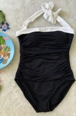 مایو زنانه اسلیپ یه تکه سرهمی سایز بسیار بزرگ دو ایکس لارج و سه ایکس لارج مناسب زنان چاق و تپل با سینه های بزرگ ، شل و افتاده با پد اسفجی ضد آب به رنگ مشکی با بند دور گردنی سفید رنگ مارک خارجی و وارداتی برند شین ( shein )