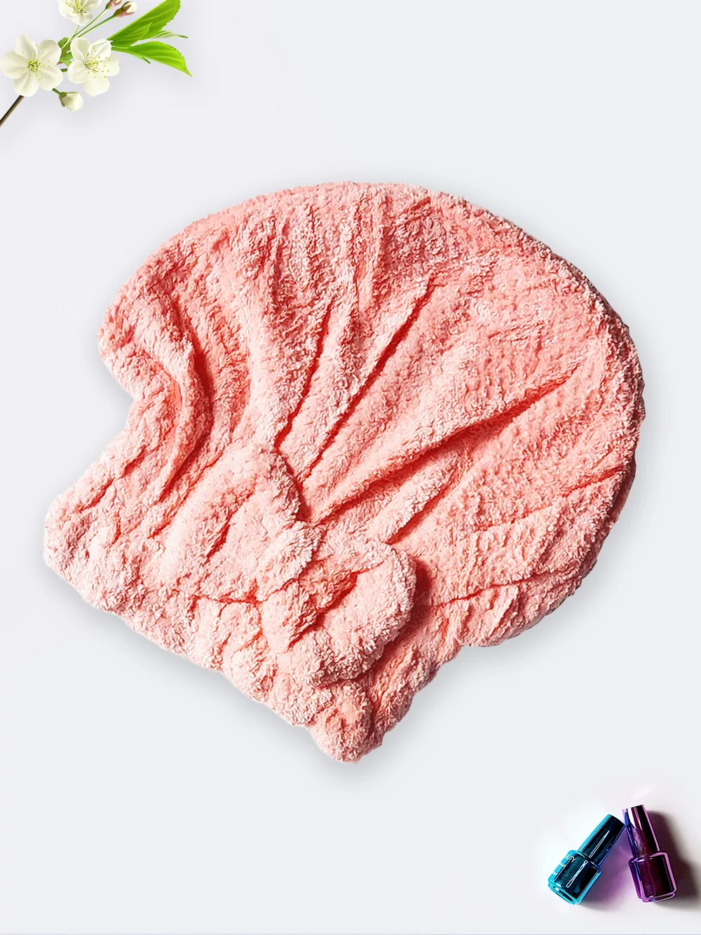 cap1696576-1 کلاه مخصوص خشک کردن موهای بلند خیس بعد از شنا در استخر و حمام حوله ای زنانه با خاصیت آبگیری بسیار بالا با جنس الیاف پنبه ای نرم و لطیف به رنگ صورتی روشن و طرح ساده