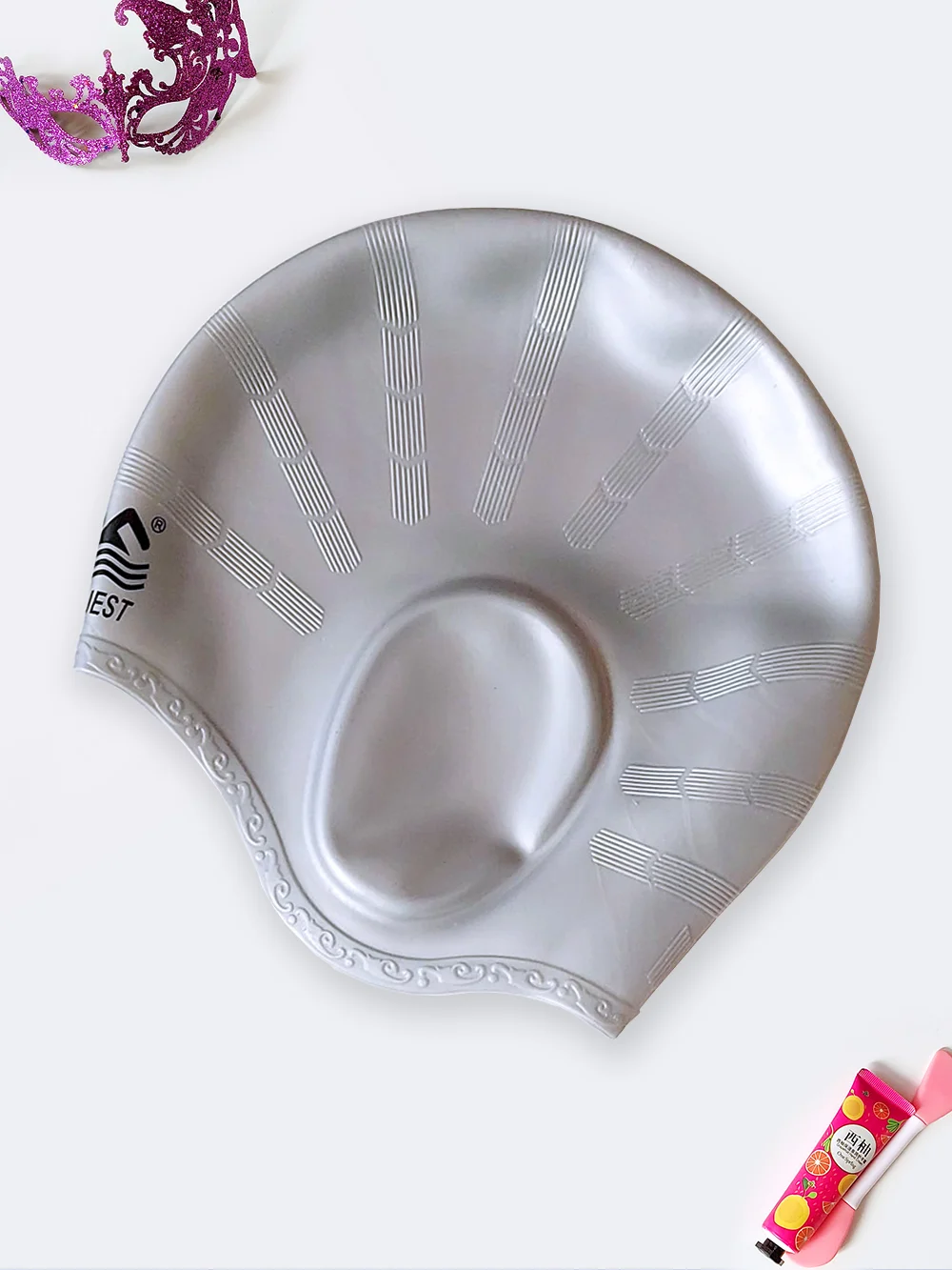 cap6500840-1 کلاه استخر زنانه مناسب برای مو های بلند با جنس سیلیکونی گوشی دار ضد عبور آب کلردار استخر مارک کانکوئست ( Conquest )