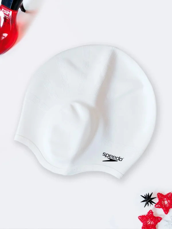 کلاه استخر گوشی دار اسپیدو ( Speedo ) سیلیکونی سفید مناسب برای مو های بلند بانوان