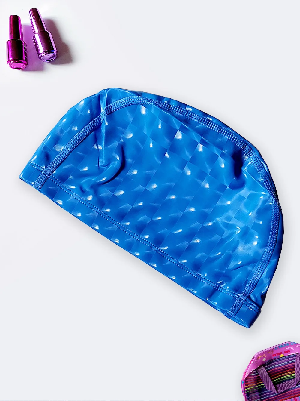 cap1907609-1 کلاه شنا سه بعدی با جنس فومی ( لایه داخلی پارچه - لایه رویه چرم مصنوعی PU ) آبی