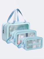 کیف واش بگ ( wash bag ) استخر شنا زنانه و دخترانه مناسب برای شامپو و وسایل استخر شنا کوچک ضد آب شیشه ای آبی رنگ . راهنمای سایز بندی کیف واش بگ ( wash bag )