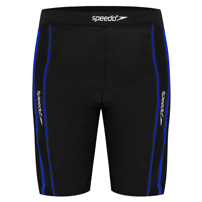 sww776369-1 مایو مردانه اسلامی و پوشیده اسپیدو ( speedo ) فاق بلند چسبان برای استخر بصورت پا بلند مشکی رنگ با نوار های آبی رنگ