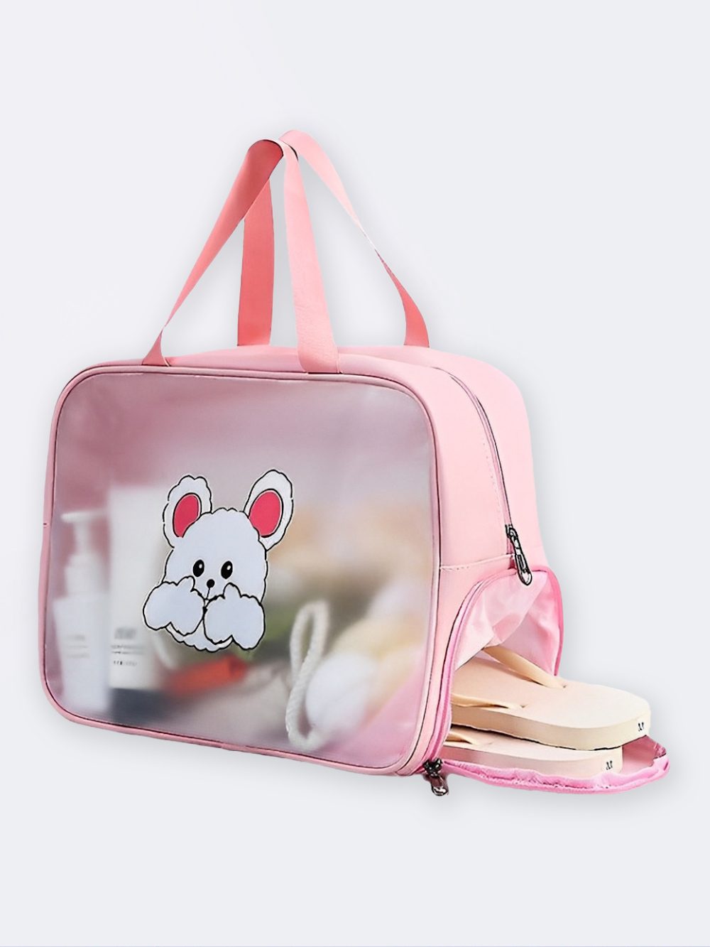Bag531016-1 کیف استخر فانتزی زنانه و دخترانه سایز بزرگ ، دارای قسمت مجزا برای دمپایی استخر و جیب در قسمت پشتی کیف به رنگ صورتی طرح خرگوش