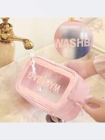 کیف شیشه ای استخر زنانه و دخترانه واش بگ ( wash bag ) صورتی رنگ فانتزی و شیک برای استخر شنا سایز متوسط . ساک و کیف شیشه ای و پلاستیکی شفاف استخر شنا