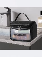wash bag ( واش بگ ) چمدانی مشکی رنگ زنانه مخصوص برای لوازم شنا ( و لوازم آرایشی ) زنانه و برای استخر . کیف استخری و شنا پلاستیکی شفاف زنانه و دخترانه