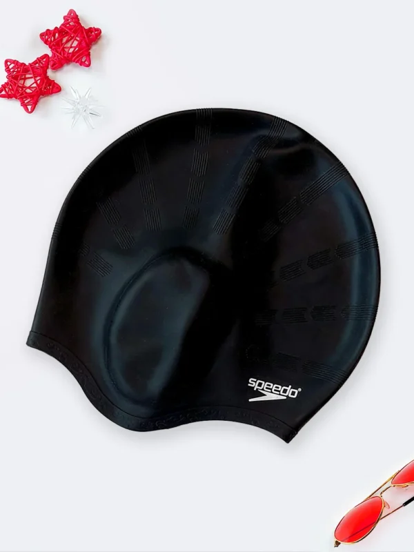 کلاه شنا اسپیدو ( Speedo ) سیلیکونی گوشی دار مشکی رنگ مناسب برای مو های بلند بانوان با طرح راه راه درشت ضد آب