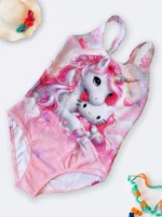 لباس شنا دخترانه برای استخر صورتی رنگ اسلیپ طرح اسب تک شاخ اسپیدو - Speedo