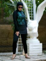 مایو زنانه اسلامی پوشیده برای استخر ( بورکینی ) شیک مشکی و سبز رنگ مدل دامنی حجابی سرهمی و یکسره در مشهد ، قم ، تهران ، اهواز ، اصفهان ، شیراز