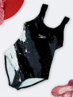 مایو اسلیپ پشت قهرمانی زنانه کاپدار مشکی ، طوسی و سفید رنگ اسپیدو Speedo