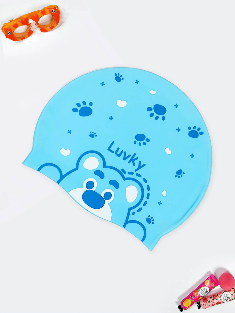 cap9298323-1 کلاه شنا بچه گانه عروسکی و فانتزی آبی رنگ سیلیکونی دخترانه زیبا و خوشگل جدید