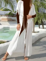 رومایو بلند شیک زنانه حریر به رنگ سفید برند H & M با بند دور کمر شیک و آستین کوتاه - Image 8