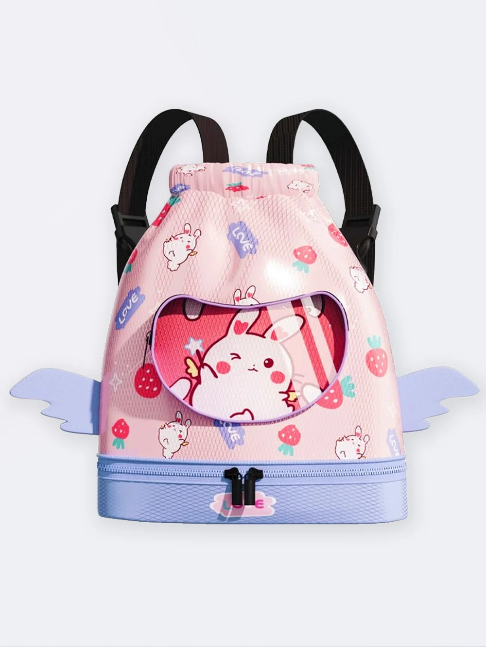 bag0818749-1 کوله پشتی شنا بچگانه فانتزی طرح خرگوش تپل و توت فرنگی با محفظه جداگانه عینک شنا و جاکفشی و نیز قسمت خشک و خیس مجزا از در داخل کیف