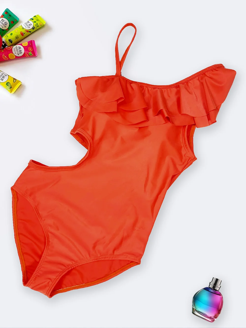 swi5043315-1 مایو زنانه فانتزی بصورت یقه رومی چین دار اسپیدو ( Speedo ) نارنجی رنگ با کاپ