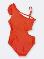 مایو زنانه فانتزی بصورت یقه رومی چین دار اسپیدو ( Speedo ) نارنجی رنگ با کاپ - Image 2