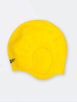 کلاه شنا برای موهای بلند بصورت گوشدار ضد آب و ضد کلر اسپیدو ( Speedo ) زرد رنگ گوشی از جنس سیلیکونی ضد کلر با طرح راه راه درشت