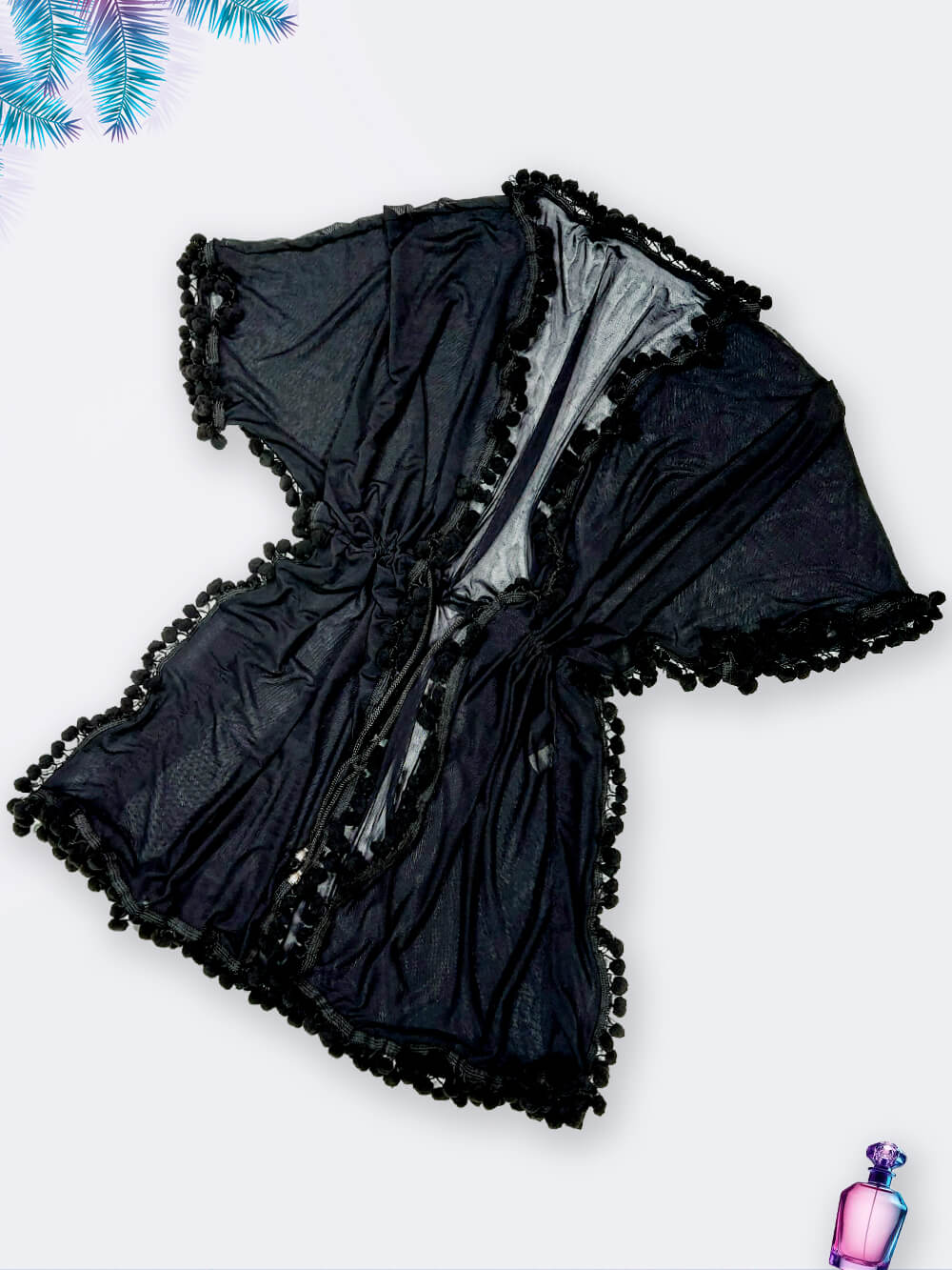 swi6667857-1 رومایویی حریر زنانه جلو باز ( کاور مایو ) با بند گرهی دور کمر و آستین کوتاه مشکی