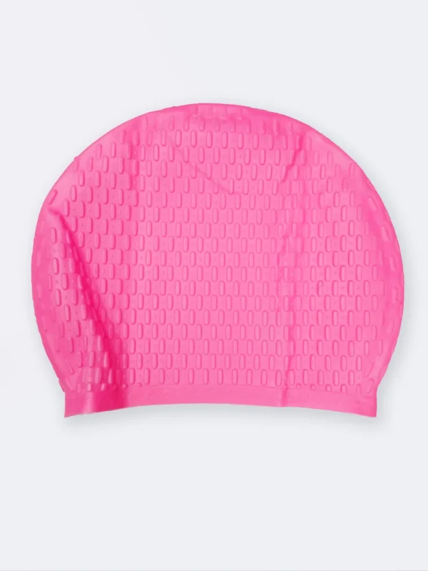 کلاه شنا ضد کلر برای استخر سیلیکونی زنانه با طرح طرح پفکی به رنگ صورتی . خرید بهترین کلاه شنا ضد کلر برای استخر با کیفیت با قیمت ارزان و خوب