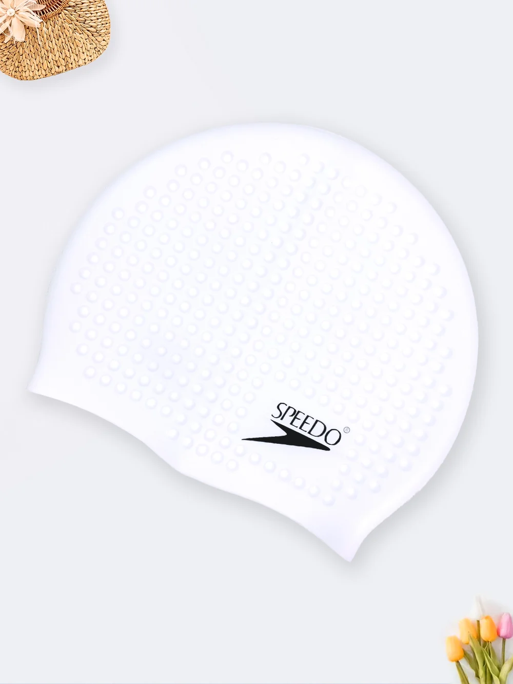 cap3223159-1 کلاه شنا سفید رنگ زنانه و مردانه سیلیکونی طرح توپی مارک اسپیدو ( Speedo )