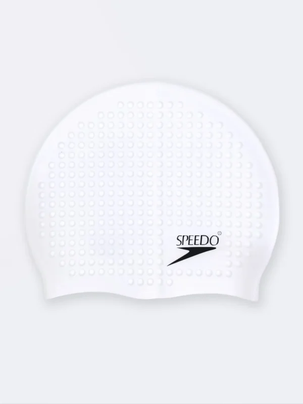 کلاه شنا ضد کلر و ضد آب سیلیکونی سفید رنگ  زنانه و مردانه طرح توپی مارک اسپیدو ( Speedo ) و زیبا طرح توپی مارک اسپیدو ( Speedo )
