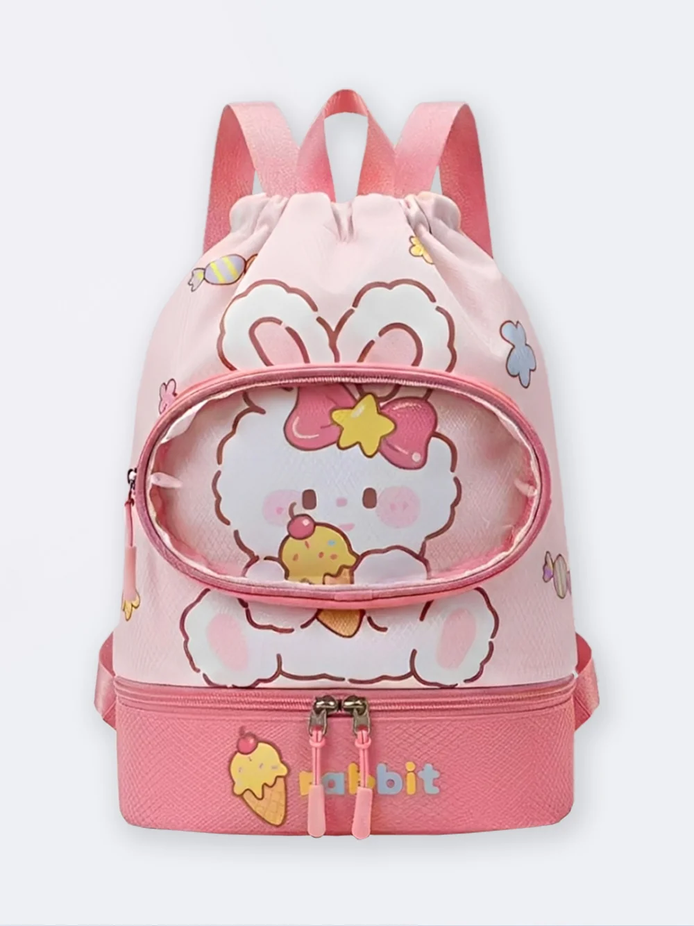 bag5355545-1 کوله استخر بچگانه دخترانه صورتی طرح خرگوش ناز با محفظه جداگانه عینک شنا و کفش استخر